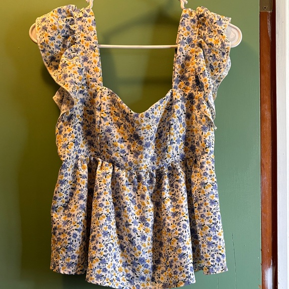 SHEIN Tops - SHEIN Floral Ruffle Blouse - Blue and Yellow